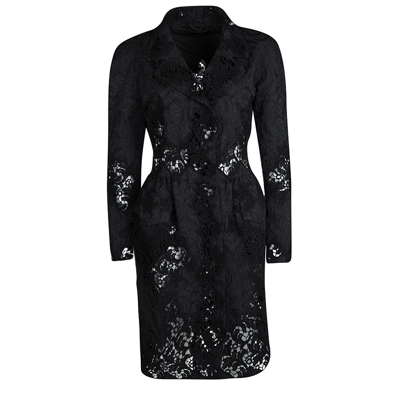 Pre Owned Ermanno Scervino Black Cutout Floral Lace and Embossed Jacquard Long Coat M