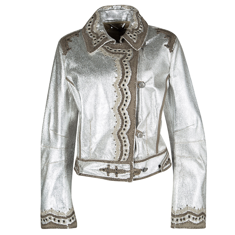 Pre Owned Ermanno Scervino Metallic Silver Goat Skin Leather Embellished Jacket M