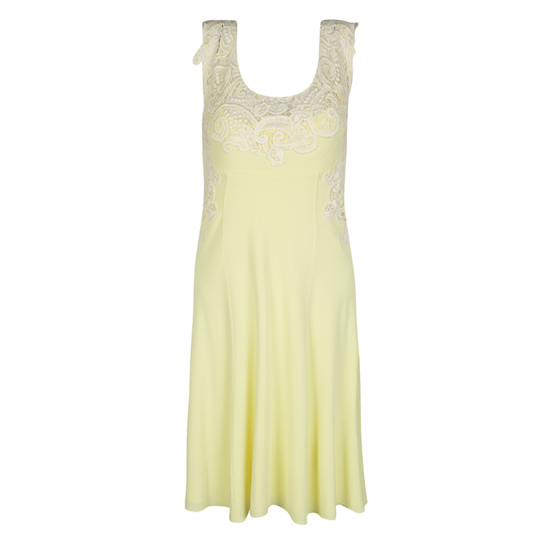 Pre Owned Ermanno Scervino Yellow Knit Lace Detail Sleeveless Dress S