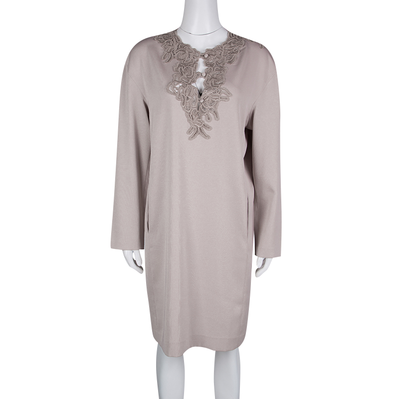 

Ermanno Scervino Beige Contrast Lace Neck Trim Detail Long Sleeve Dress
