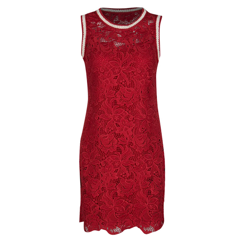 

Ermanno Scervino Red Floral Lace Contrast Trim Sleeveless Dress S