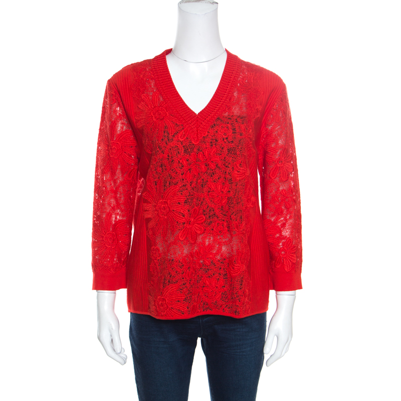 Red Lace Paneled V Neck Sweater