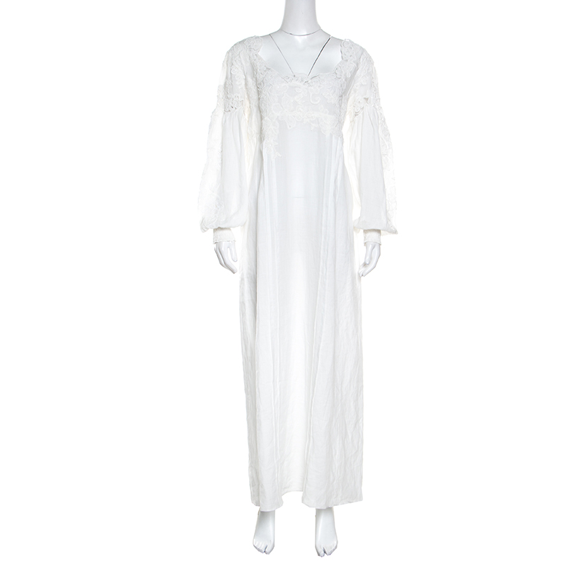 

Ermanno Scervino White Floral Embroidered Lace Overlay Long Sleeve Ramie Dress