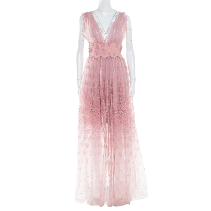 Pre Owned Ermanno Scervino Pale Pink Floral Lace Gathered Overlay Plunge Neck Sleeveless Dress M