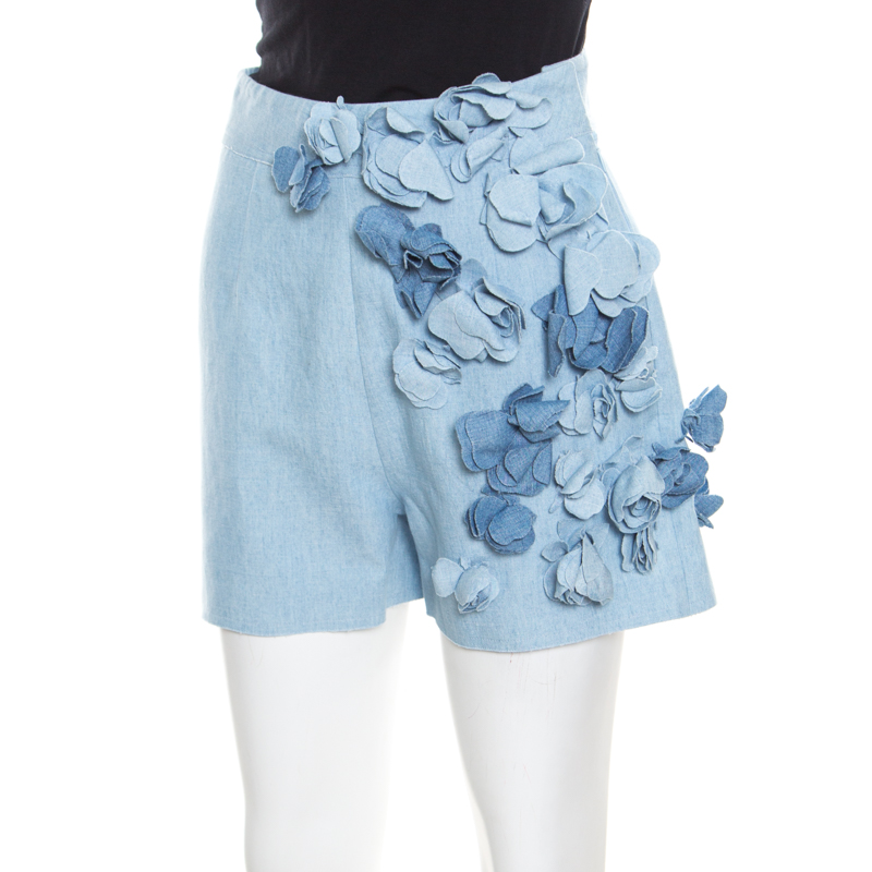 Ermanno Scervino Sky Blue Cotton Linen Flower Applique Detail High Waist Shorts S