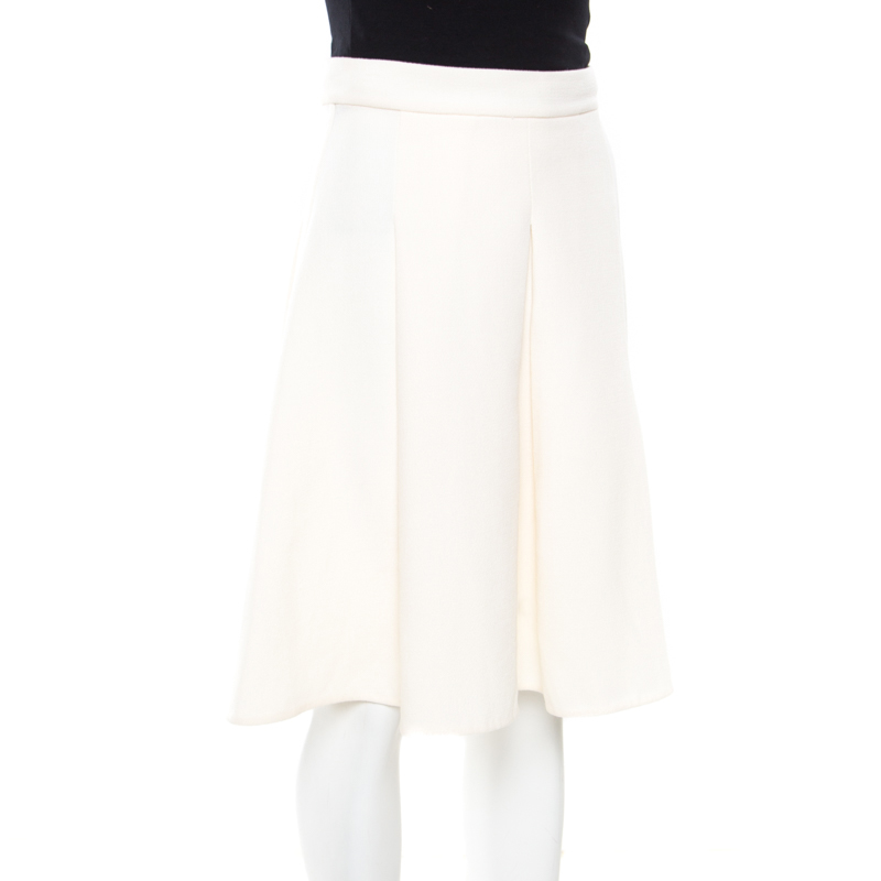 

Ermanno Scervino Cream Textured Wool Inverted Pleat A Line Skirt