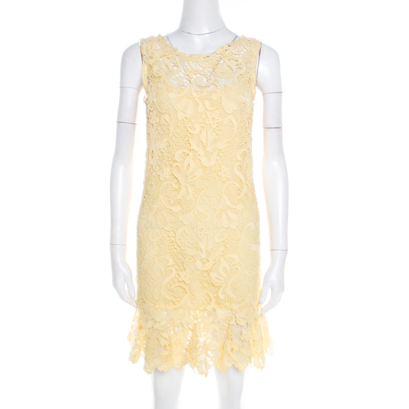 

Ermanno Scervino Yellow Guipure Lace Sleeveless Flounce Dress
