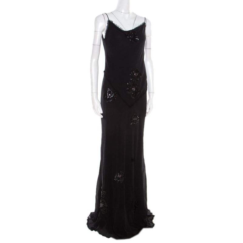 

Ermanno Scervino Black Crinkled Silk Frayed Trim Sequined Maxi Dress