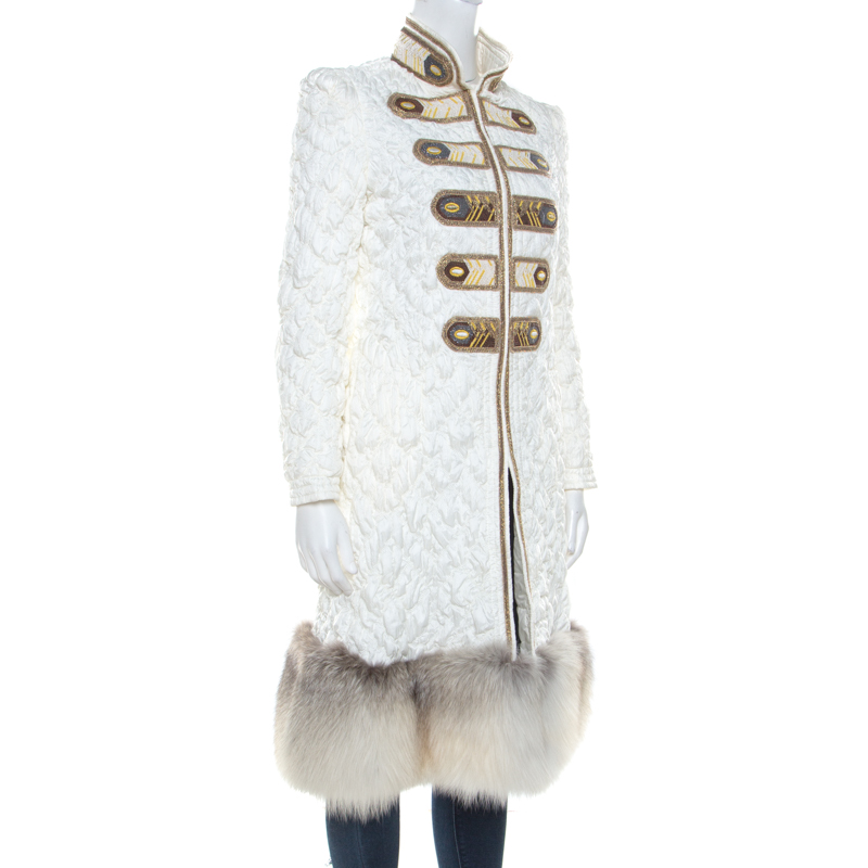 

Ermanno Scervino White Embellished Quilted Fox Fur Hem Coat