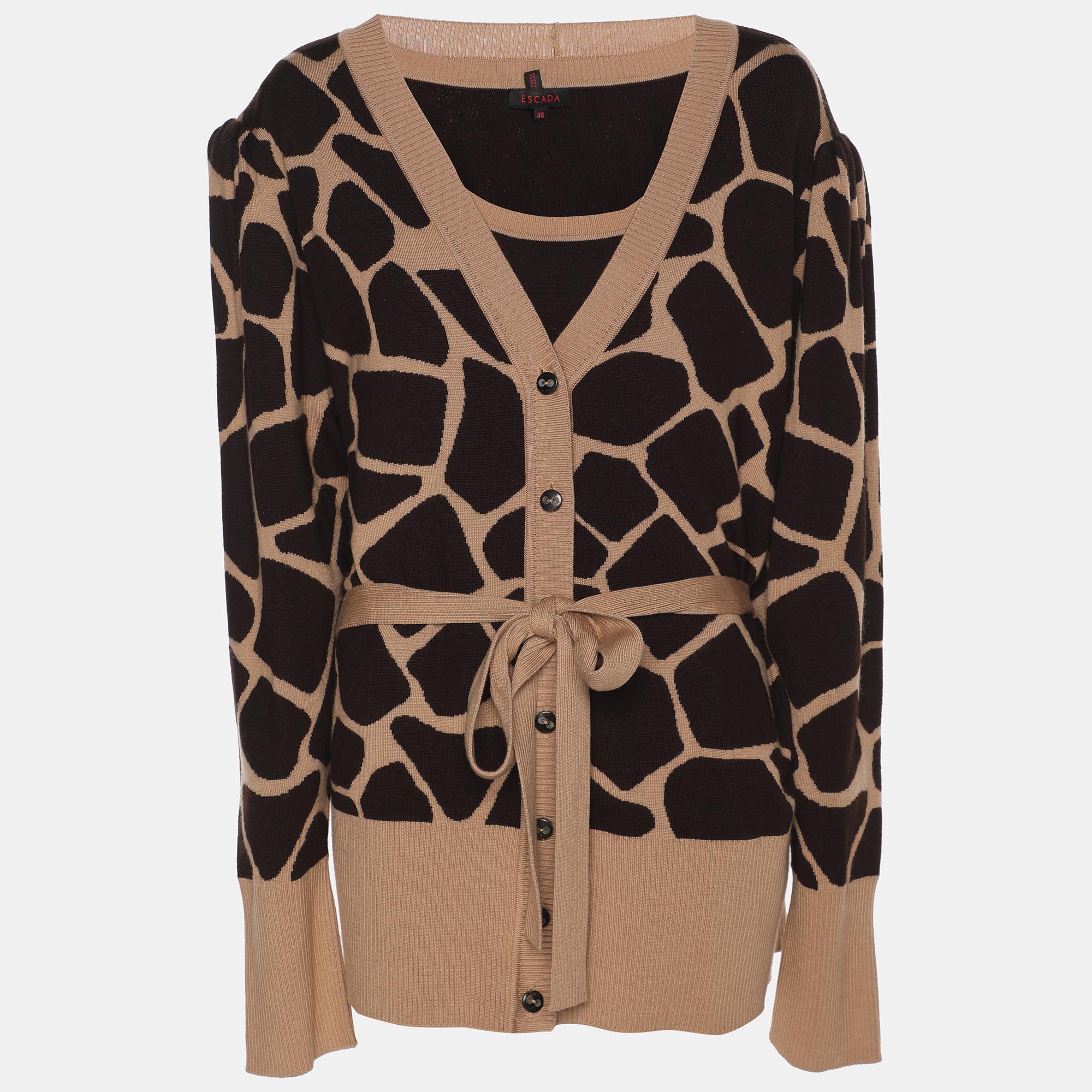Pre-owned Escada Brown Printed Knit Button Front Sweater Xl