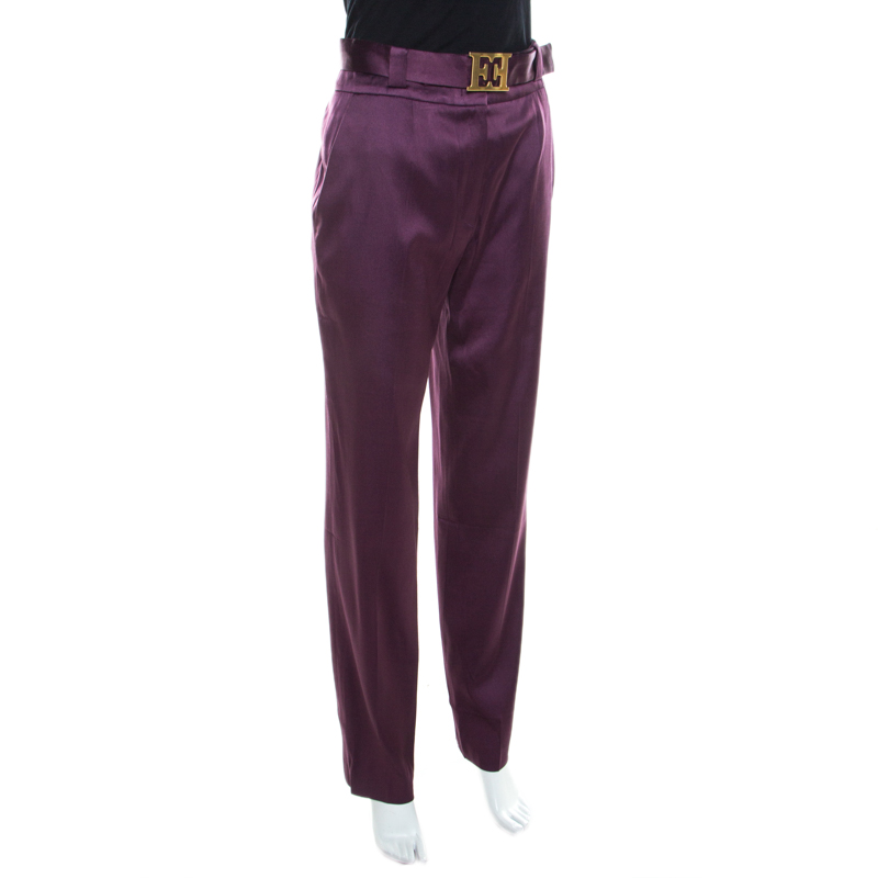 

Escada Purple Stretch Satin Logo Belt Detail High Waist Tapered Trousers