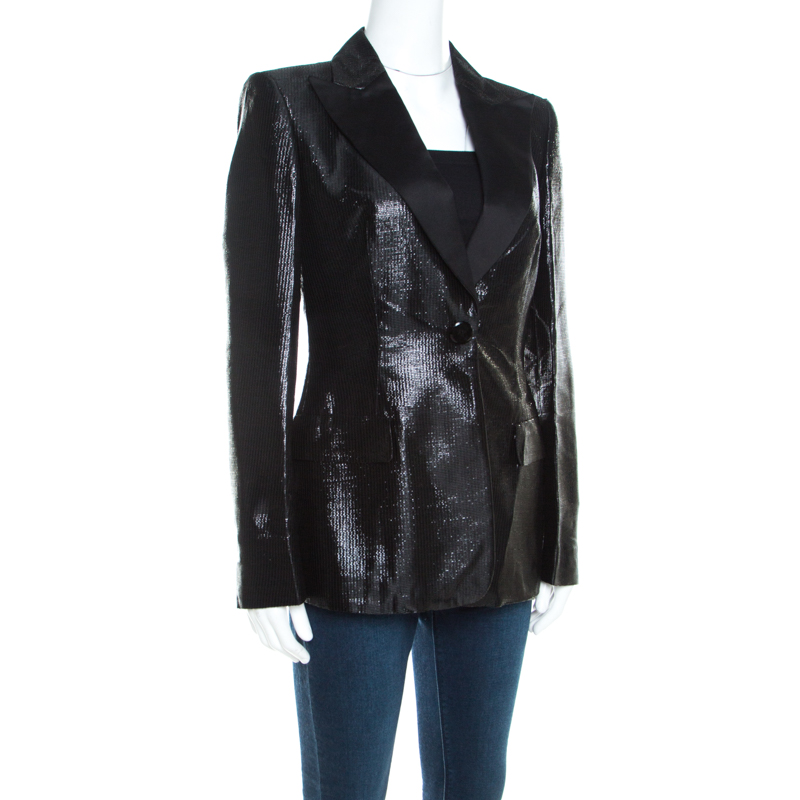 

Escada Metallic Black Satin Trim Tailored Blazer