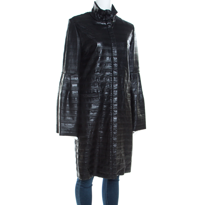 

Escada Black Coated Wool Flounce Sleeve Zip Front Long Coat