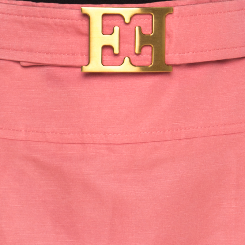 Pre-owned Escada Pink Slub Linen And Silk Logo Belt Detail High Waist Skirt M