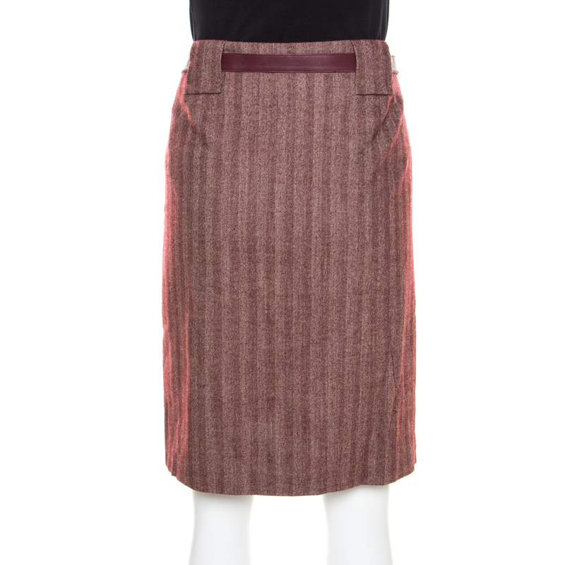 Pre-owned Escada Burgundy Herringbone Wool And Silk Knotted Leather Belt Detail Skirt M