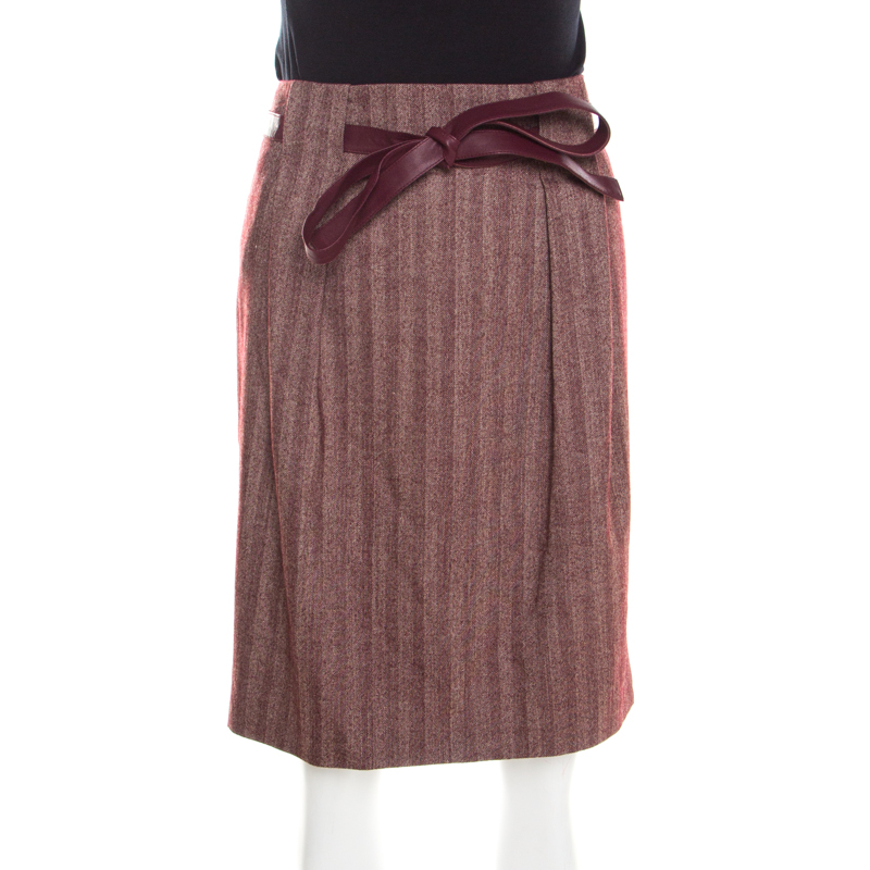 

Escada Burgundy Herringbone Wool and Silk Knotted Leather Belt Detail Skirt