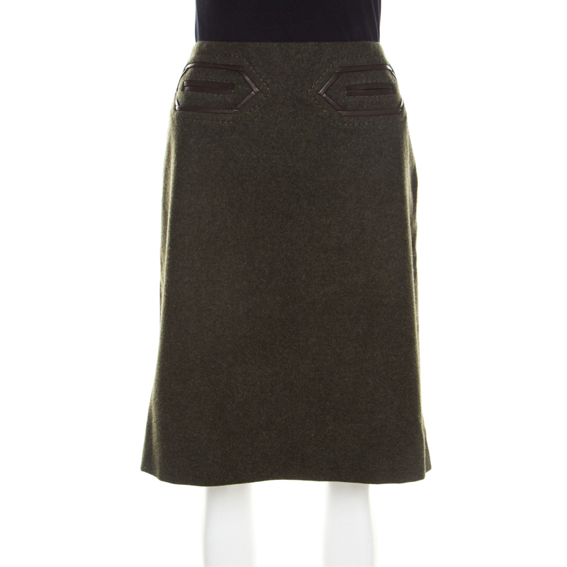 Pre Owned Escada Dark Green Wool Leather Piping Detail Pencil Skirt L