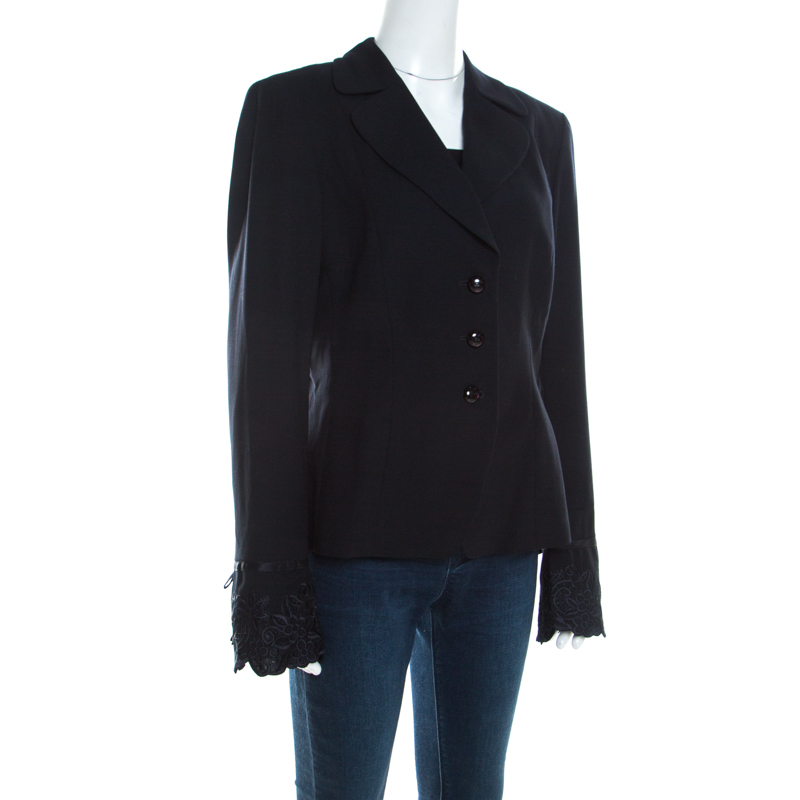 

Escada Black Crepe Wool Embroidered Cuff Trim Button Front Blazer