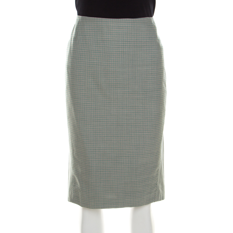 Pre Owned Escada Green Houndstooth Patterned Wool Rowena Pencil Skirt M