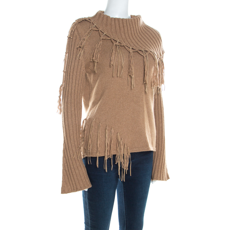 

Escada Camel Brown Cashmere Wool Roll Neck Fringed Pullover