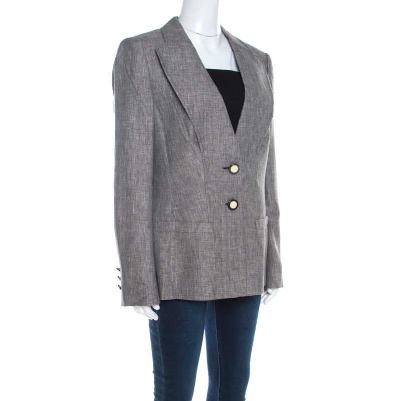 

Escada Brown Basketweave Linen and Wool Faux Collar Tailored Blazer L