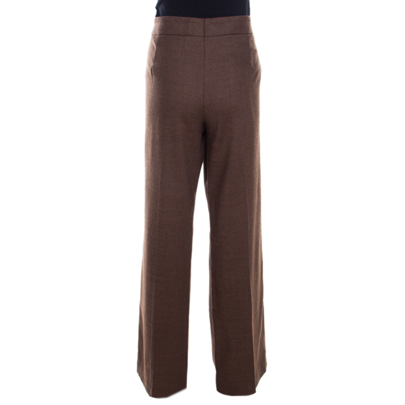 Pre-owned Escada Camel Brown Stretch Wool Wide Leg Hose Tailored Trousers L