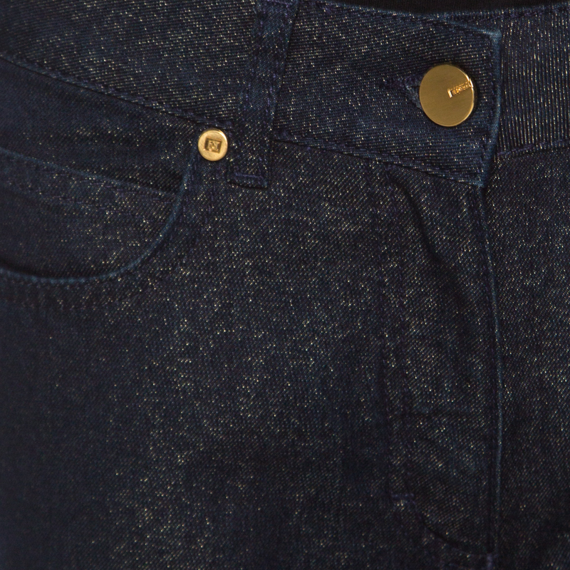 Pre-owned Escada Navy Blue Glitter Denim Metallic Piping Detail Straight Leg Jeans S