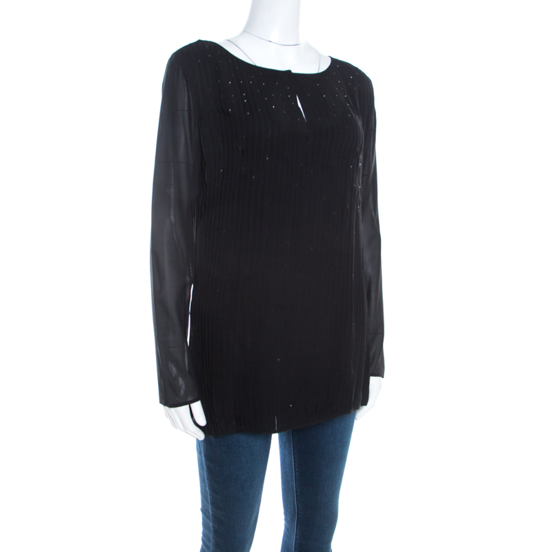 Pre-owned Escada Black Pintucked Pleat Silk Crystal Embellished Long Sleeve Blouse M