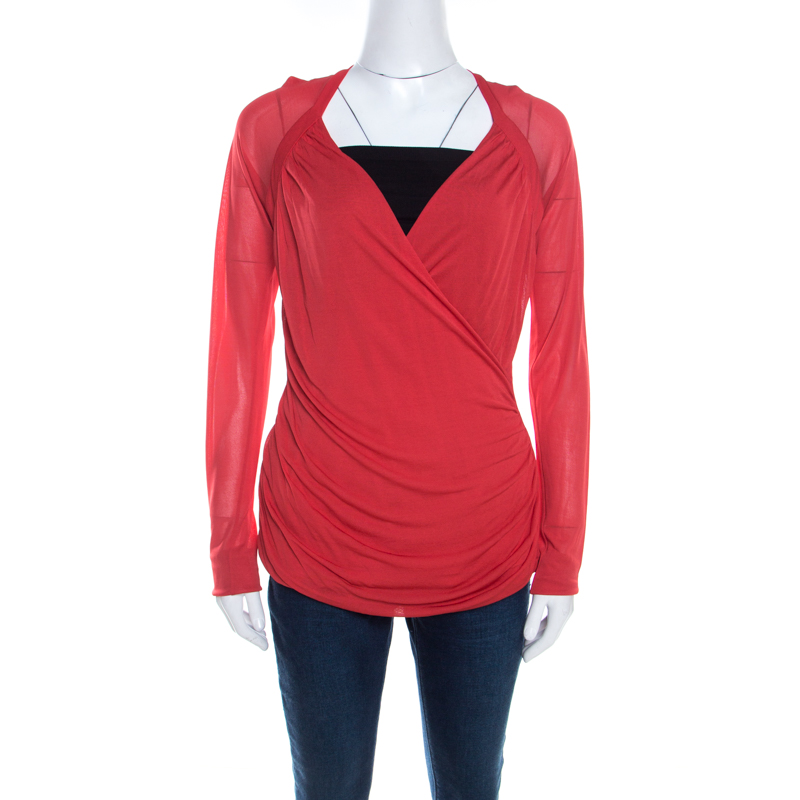 

Escada Red Knit Ruched Crossover Front Long Sleeve Top
