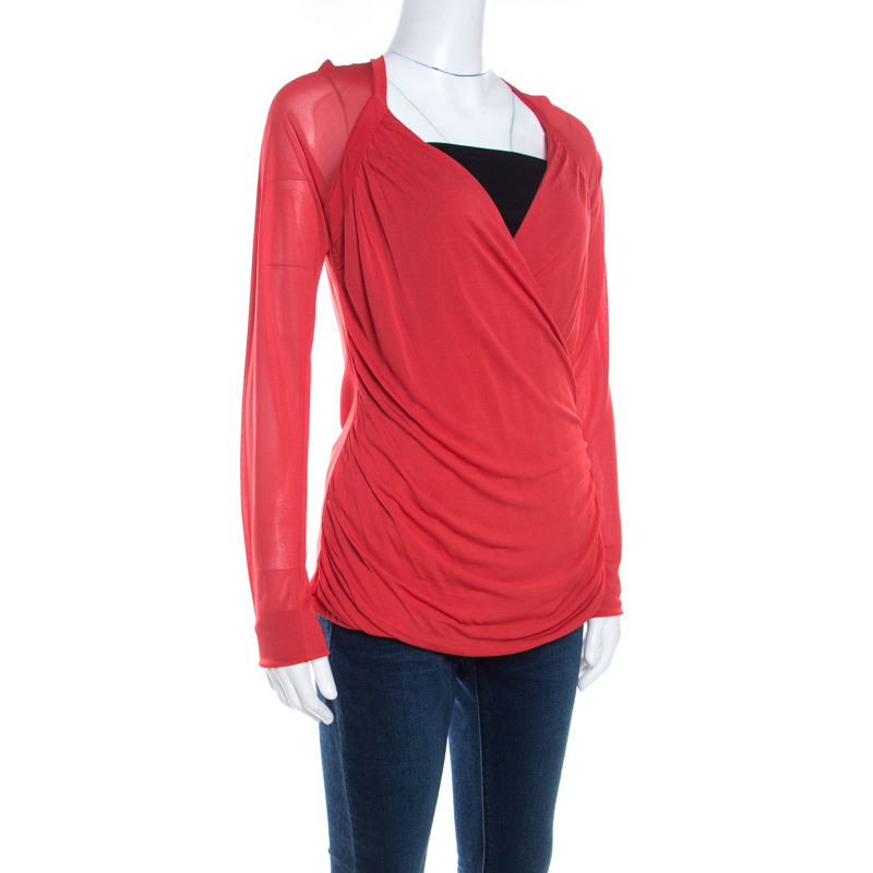 Pre-owned Escada Red Knit Ruched Crossover Front Long Sleeve Top L