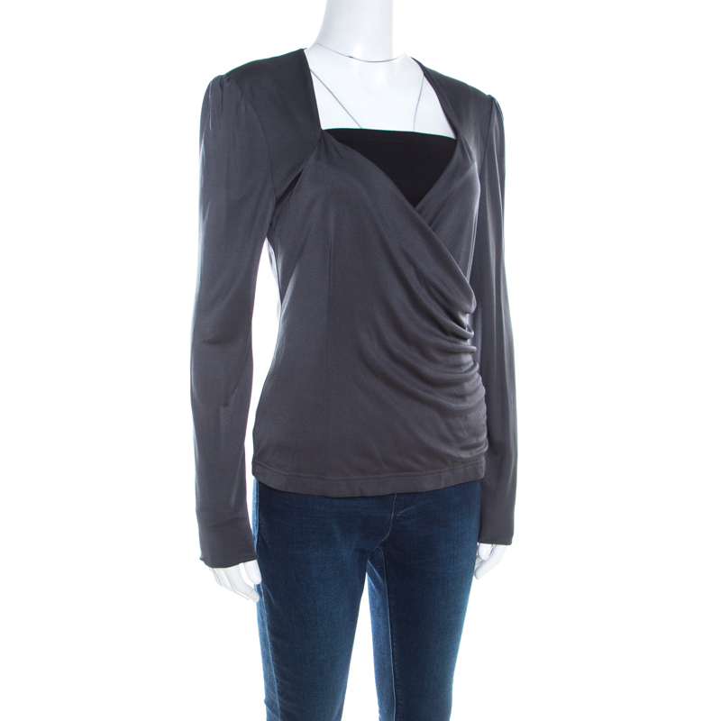 Pre-owned Escada Grey Silk Knit Ruched Crossover Front Long Sleeve Top M