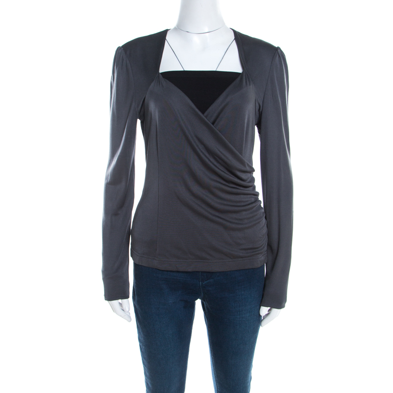 

Escada Grey Silk Knit Ruched Crossover Front Long Sleeve Top