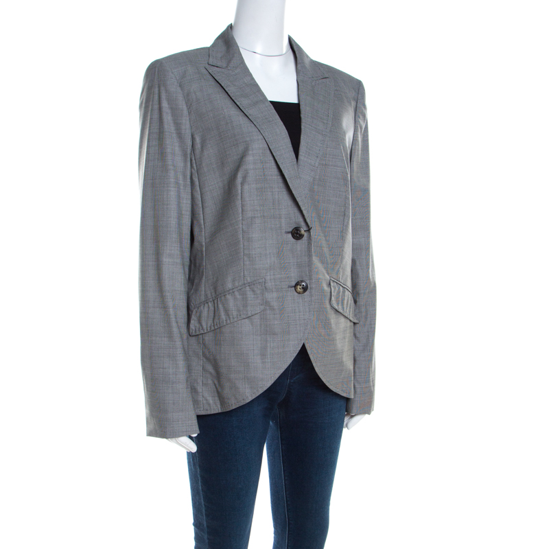 Pre-owned Escada Grey Houndstooth Wool Asymmetric Bibi Jacket L