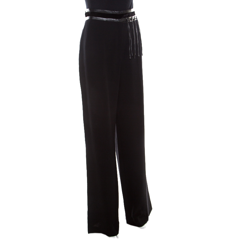 

Escada Black Wool Crepe Faux Leather and Velvet Trim Wide Leg Pants