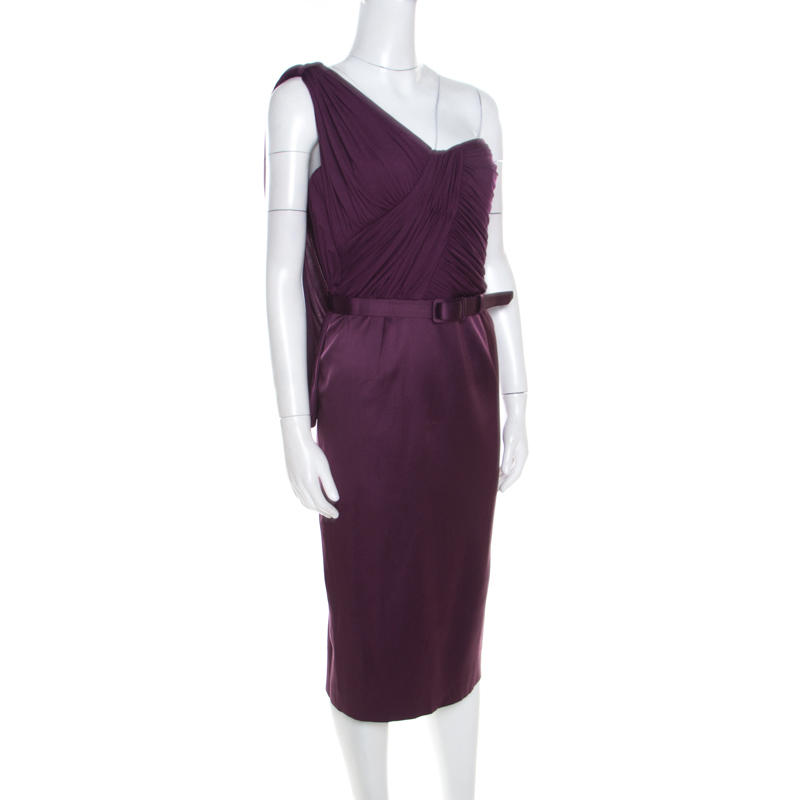 

Escada Aubergine Draped Bodice Detail Asymmetric Sleeve Corsagenkleid Sheath Dress, Purple