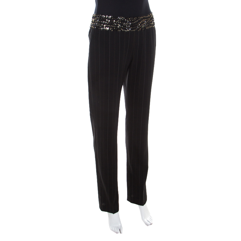 Pre-owned Escada Black Pinstriped Wool Embellished High Waist Detail Trousers S
