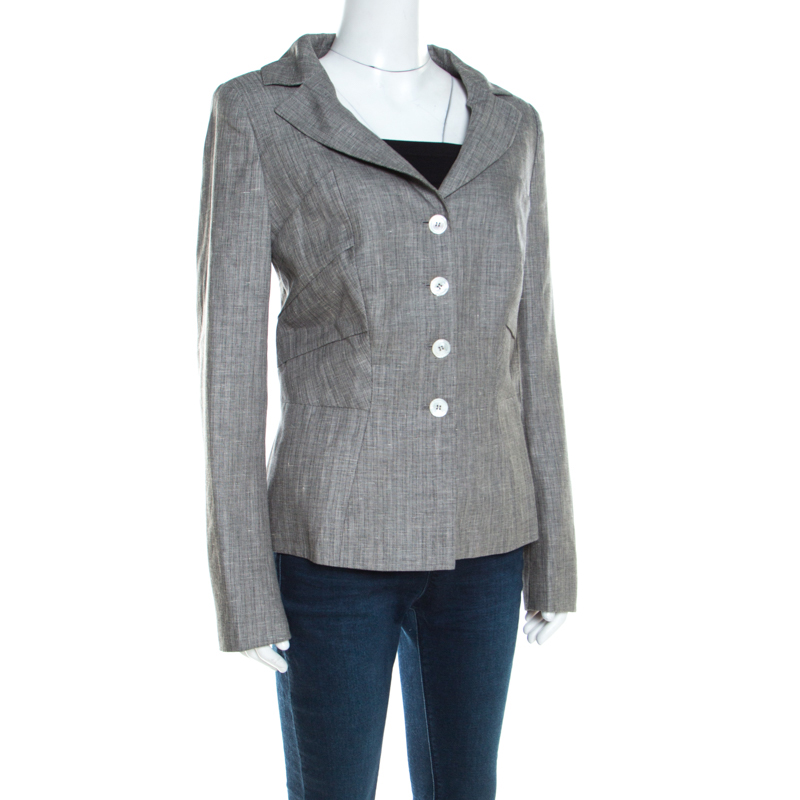 

Escada Grey Herringbone Linen Wool Pleat Detail Button Front Blazer