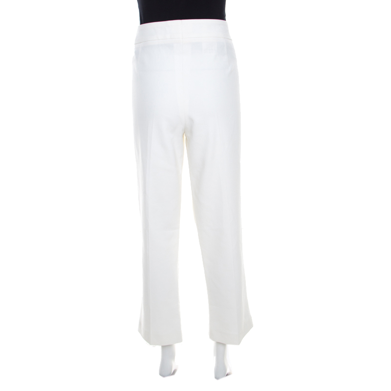 Pre-owned Escada White Stretch Cotton Embellished Waist Detail Cropped Tonikka Pants Xl