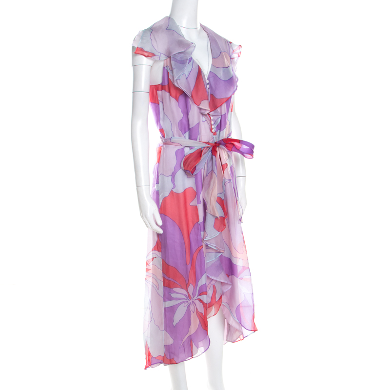 

Escada Multicolor Abstract Print Silk Ruffled Sleeveless Dress