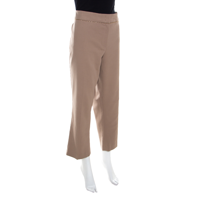 

Escada Pampas Brown Stretch Cotton Embellished Waist Detail Cropped Tonikka Pants