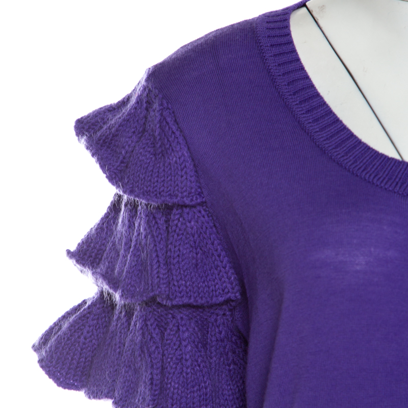 Pre-owned Escada Purple Mohair Wool Ruffle Tiered Detail Button Front Cardigan L
