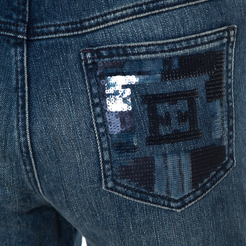 Pre-owned Escada Indigo Faded Effect Denim Sequined Back Pocket Detail Skinny Jeans S In Blue