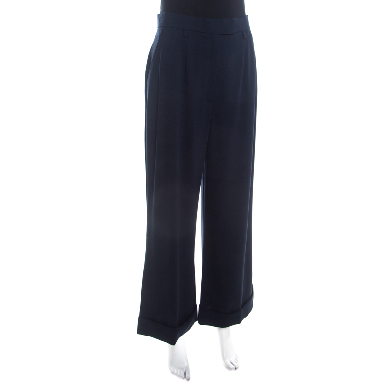 

Escada Navy Blue Stretch Wool Crepe High Waist Wide Leg Trousers