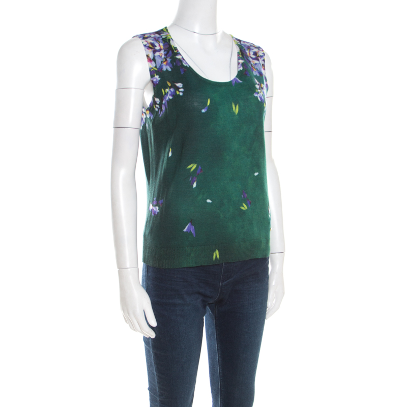 

Escada Green Digital Floral Print Silk Wool Sleeveless Top