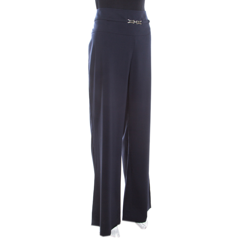 

Escada Navy Blue Stretch Wool Crepe High Waist Wide Leg Trousers