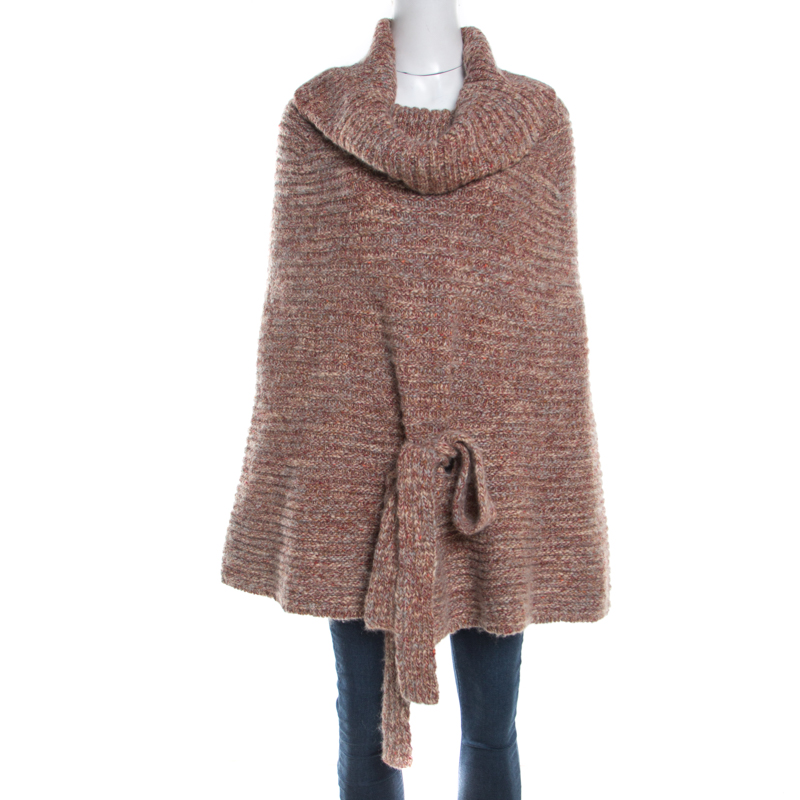 Escada Multicolor Chunky Wool and Cashmere Knit Belted Turtle Neck Poncho L