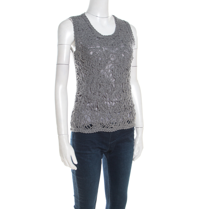 

Escada Flannel Grey Wool Cord Embroidered Sleeveless Schulamit Top
