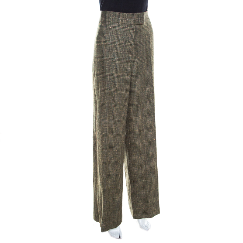 

Escada Green Lurex Insert Wool Blend Wide Leg Hose Tailored Trousers