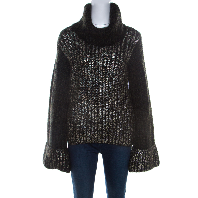 Escada Green Foil Printed Mohair Blend Turtleneck Sweater L