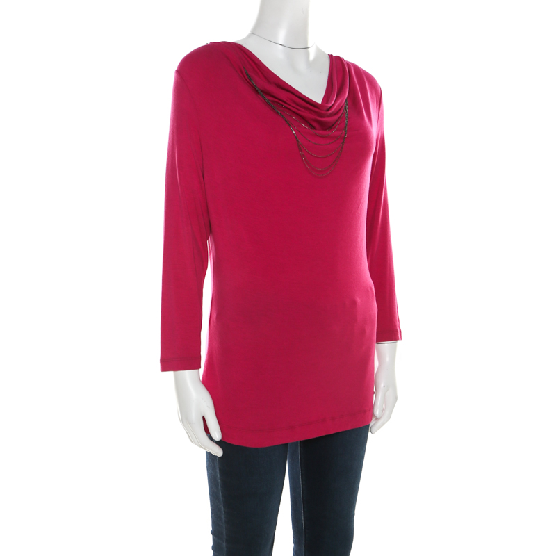 

Escada Tourmaline Pink Knit Chain Detail Cowl Neck Ewpenia Top